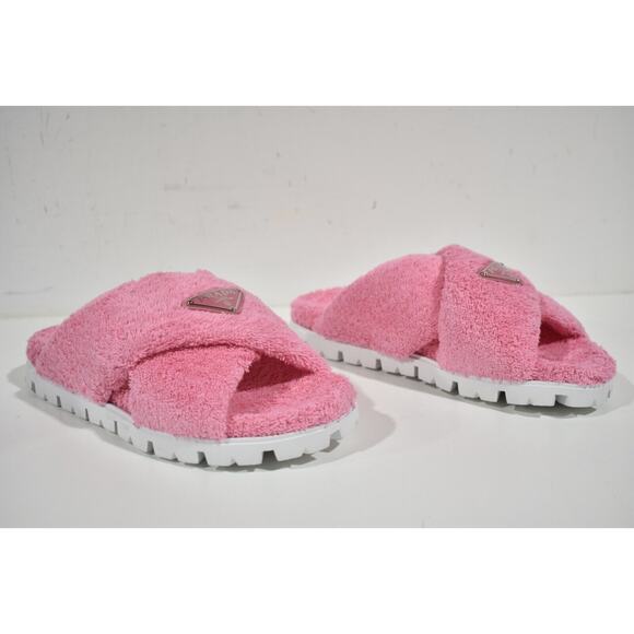 Prada Terry Pink Triangle Logo Criss Cross Strap Slide Sandal Flip Flop 40.5 - Picture 4 of 12